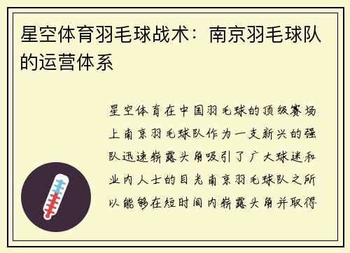 星空体育羽毛球战术：南京羽毛球队的运营体系