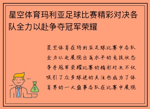 星空体育玛利亚足球比赛精彩对决各队全力以赴争夺冠军荣耀